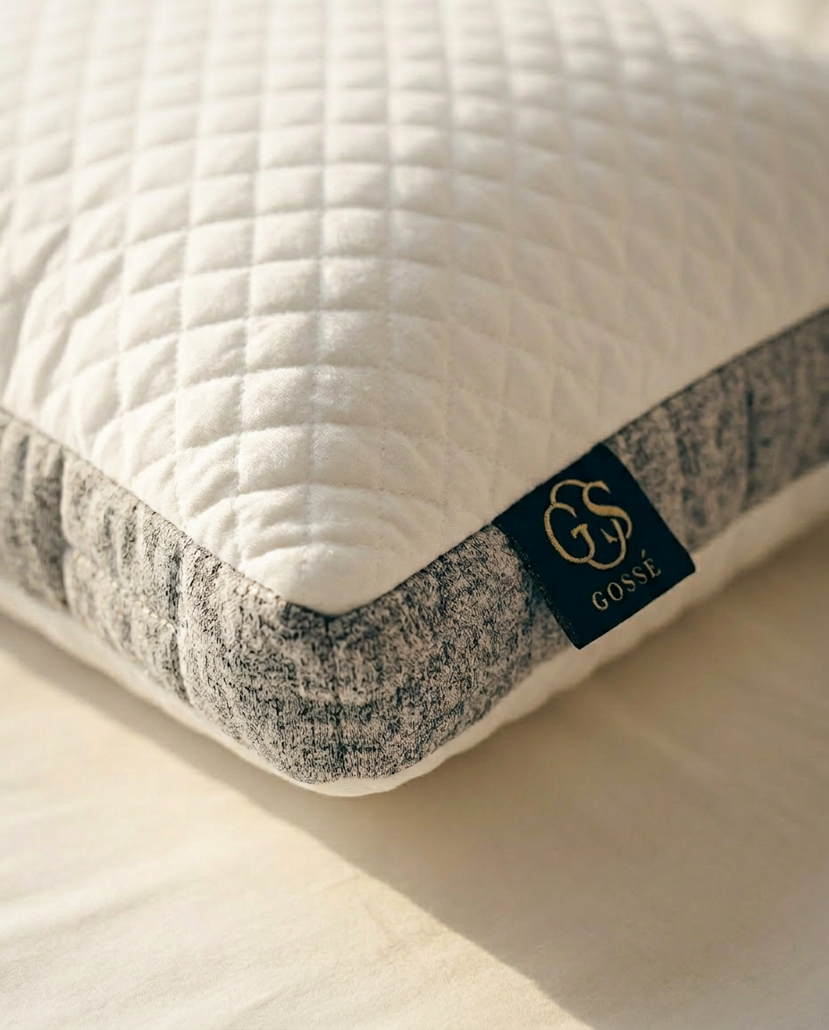Quilted pillow with a brand label on a light background